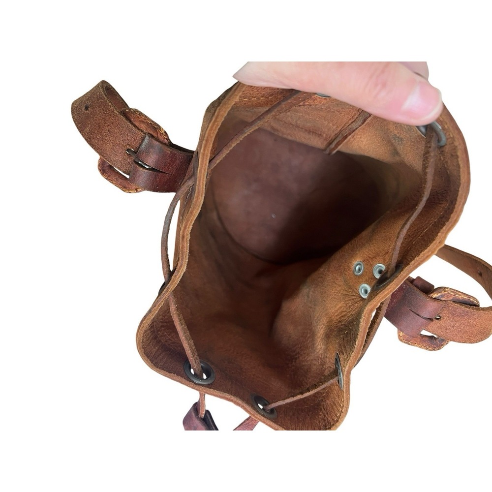 Vintage Genuine Leather Bucket Bag Distressed Leather Drawstring Front Pockets - Picture 9 of 16